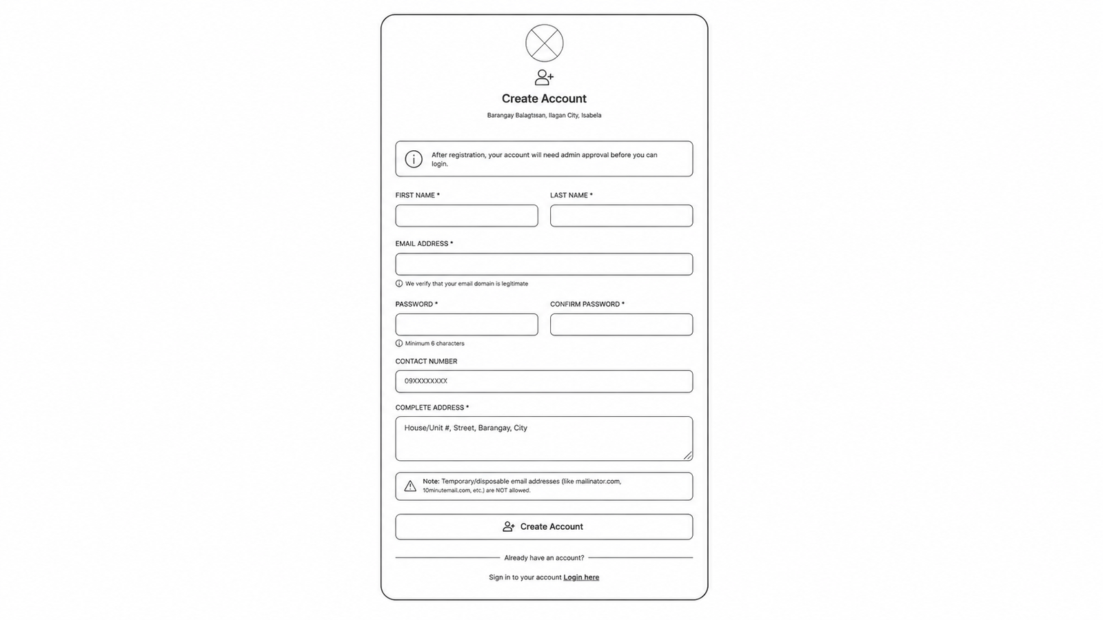 Register Account Wireframe